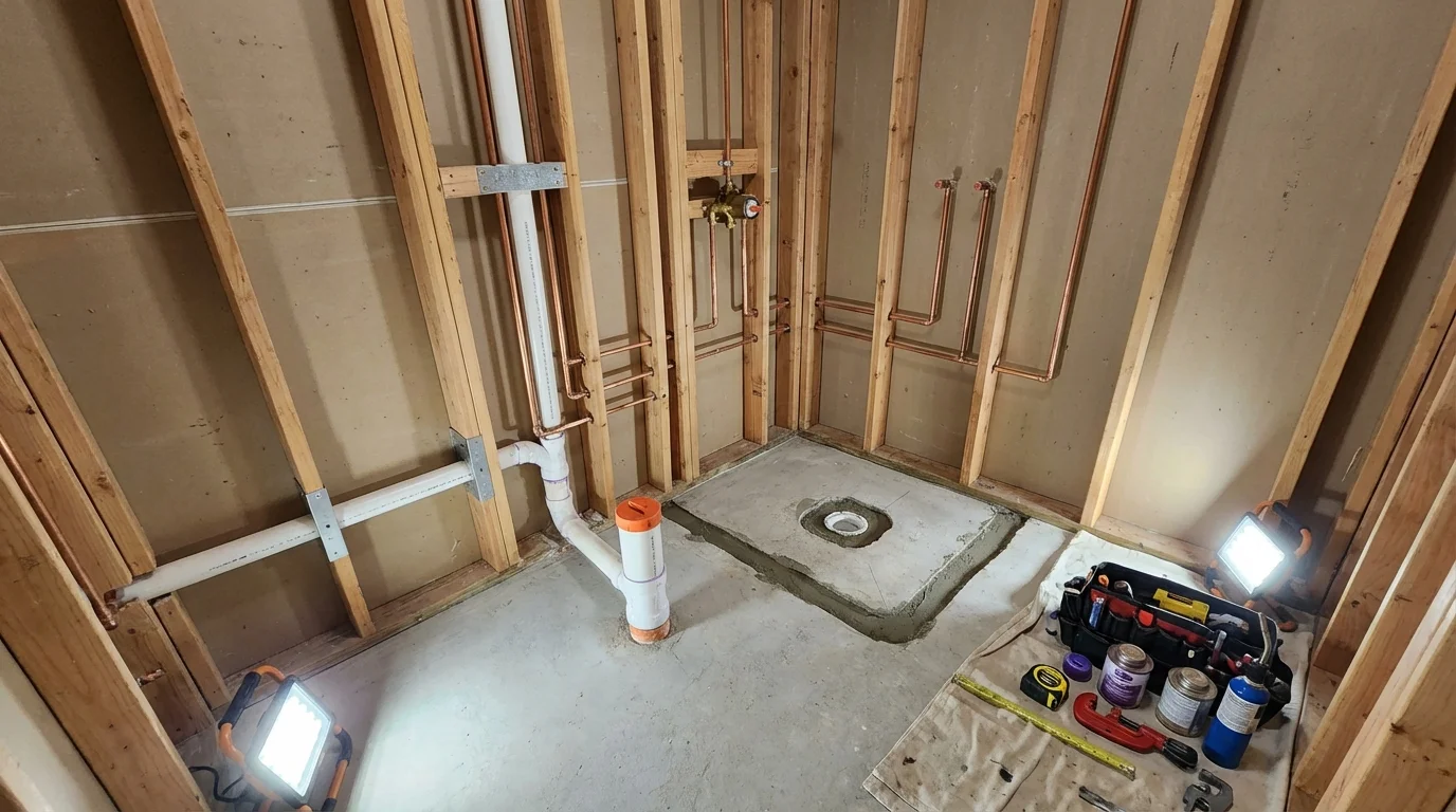 Bathroom rough-in plumbing during remodel by Johns Plumbing LLC in Bishopville