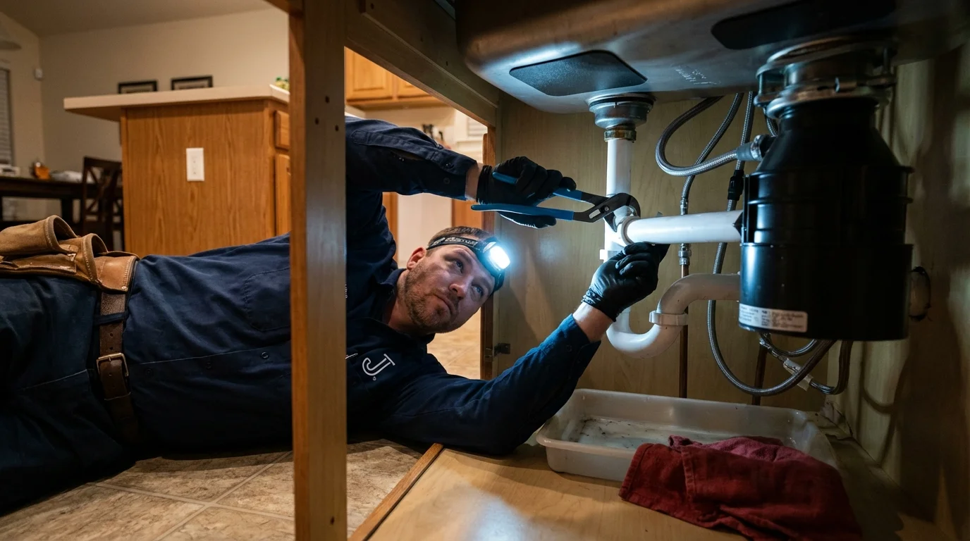 P-trap and supply line connections under a kitchen sink showing a common leak point in Bishopville, SC